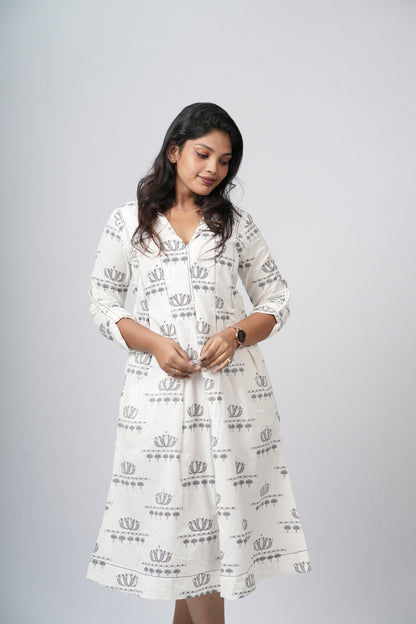 Off - White Floral A-line Cotton Dress