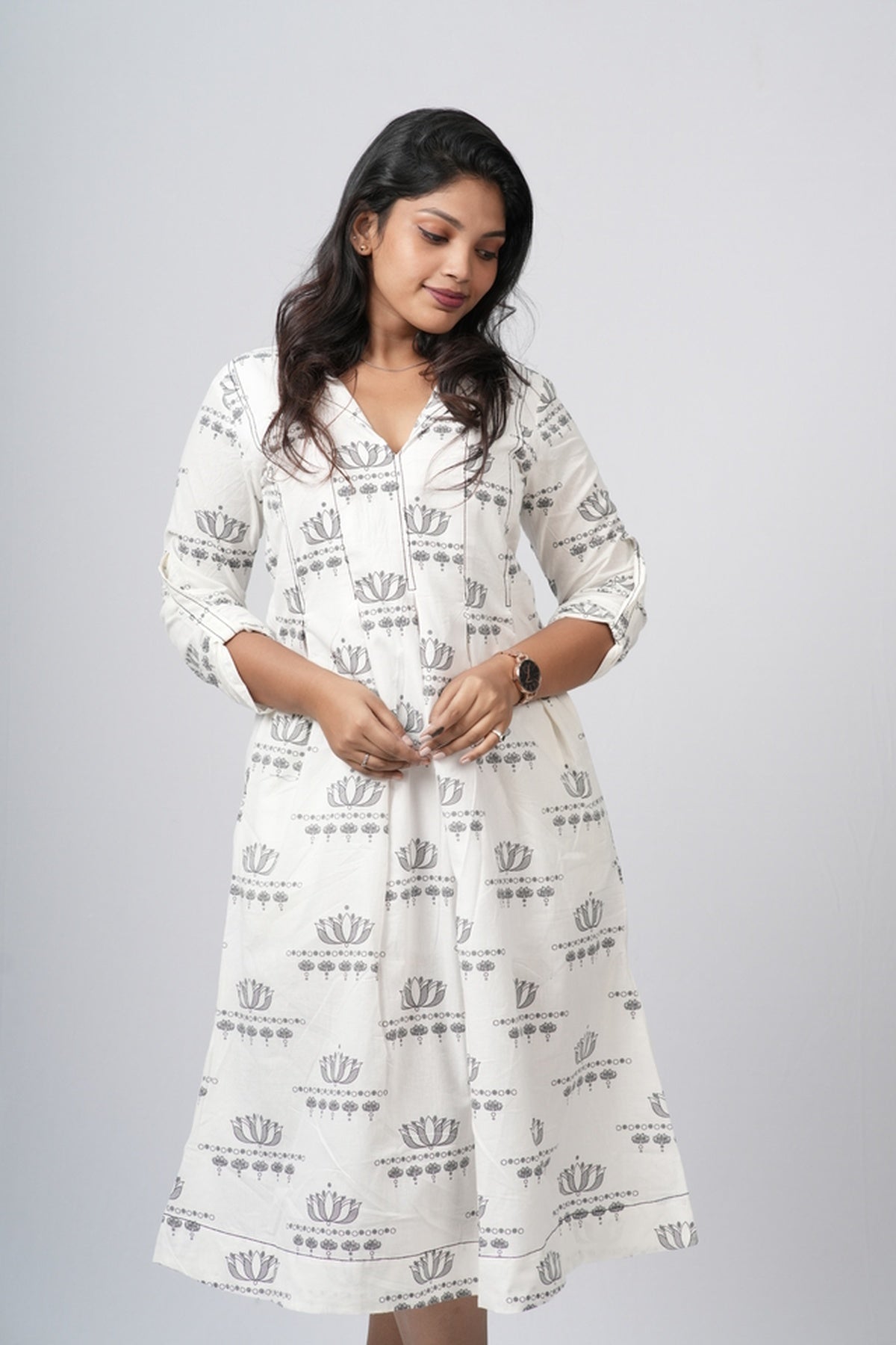 Off - White Floral A-line Cotton Dress