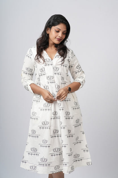 Off - White Floral A-line Cotton Dress