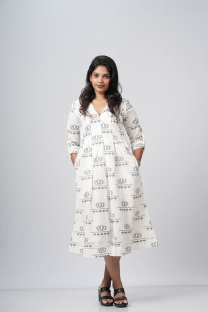 Off - White Floral A-line Cotton Dress