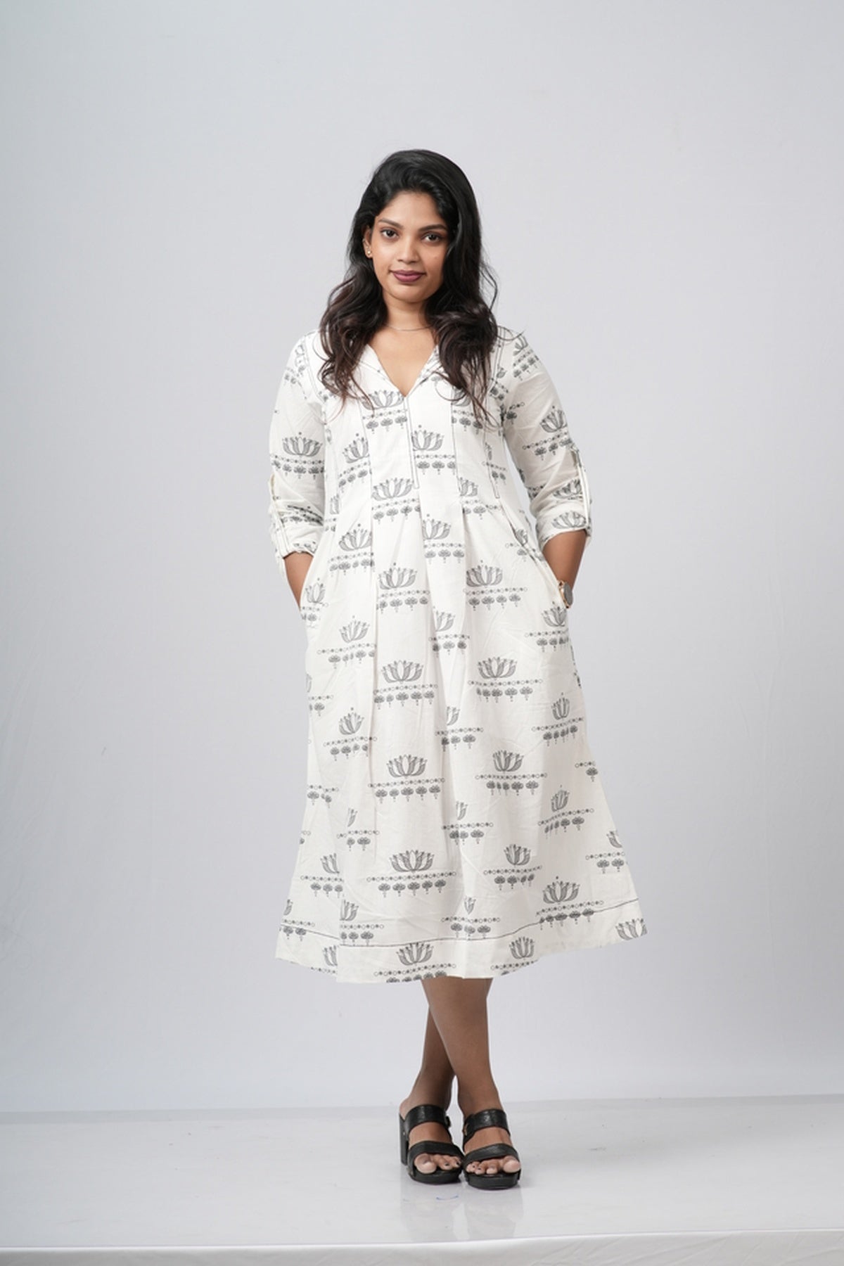 Off - White Floral A-line Cotton Dress