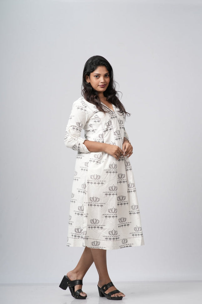 Off - White Floral A-line Cotton Dress