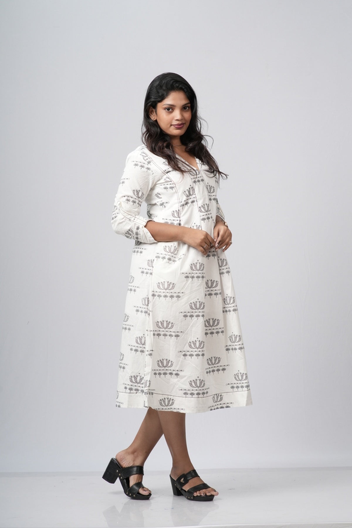Off - White Floral A-line Cotton Dress
