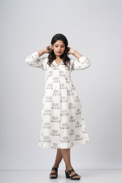 Off - White Floral A-line Cotton Dress