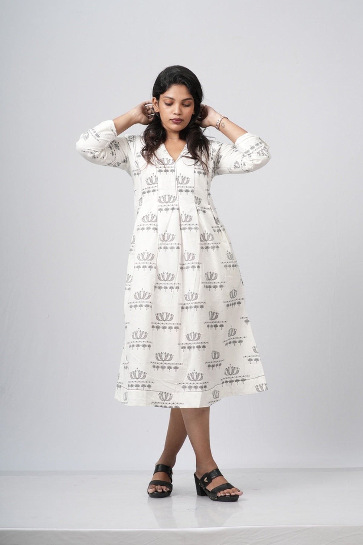Off - White Floral A-line Cotton Dress