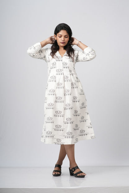 Off - White Floral A-line Cotton Dress