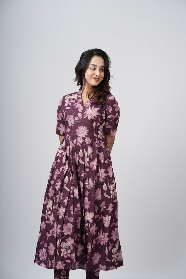 Mauve Violet Floral Print Cotton Co-ord Set