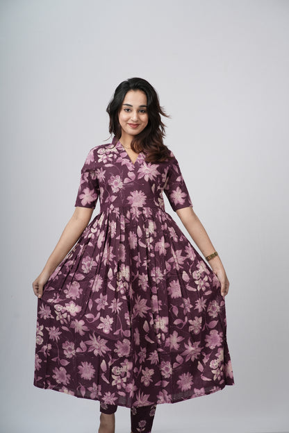 Mauve Violet Floral Print Cotton Co-ord Set