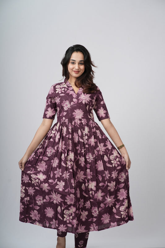 Mauve Violet Floral Print Cotton Co-ord Set