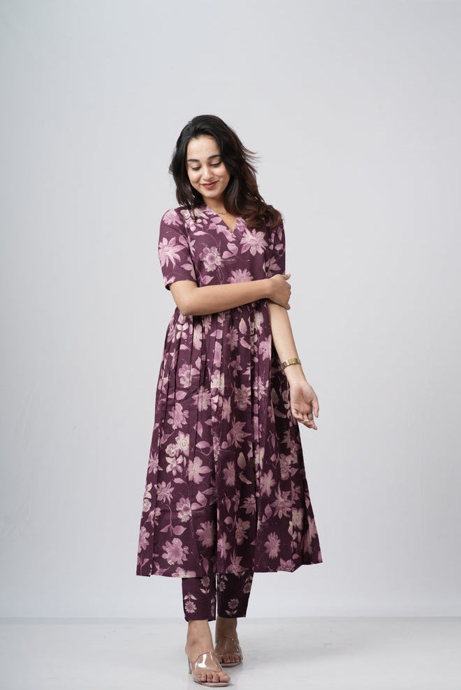 Mauve Violet Floral Print Cotton Co-ord Set