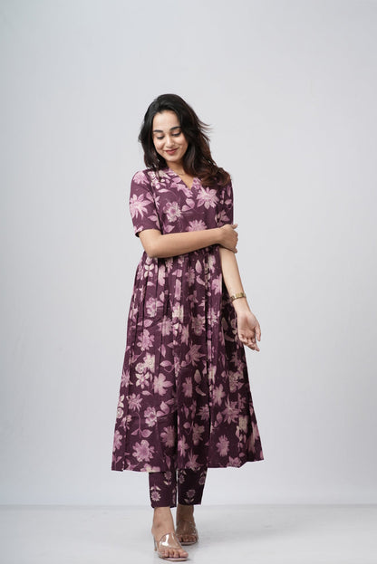 Mauve Violet Floral Print Cotton Co-ord Set