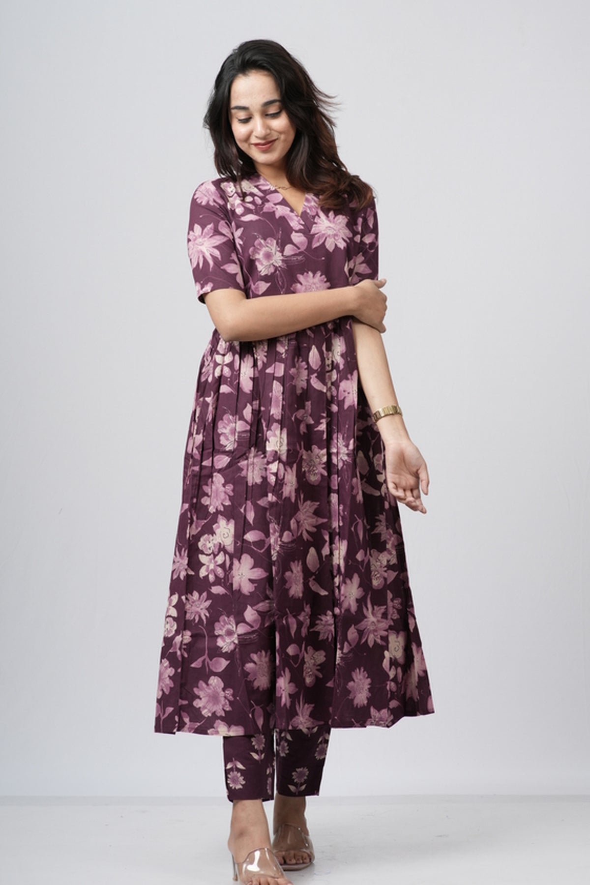 Mauve Violet Floral Print Cotton Co-ord Set