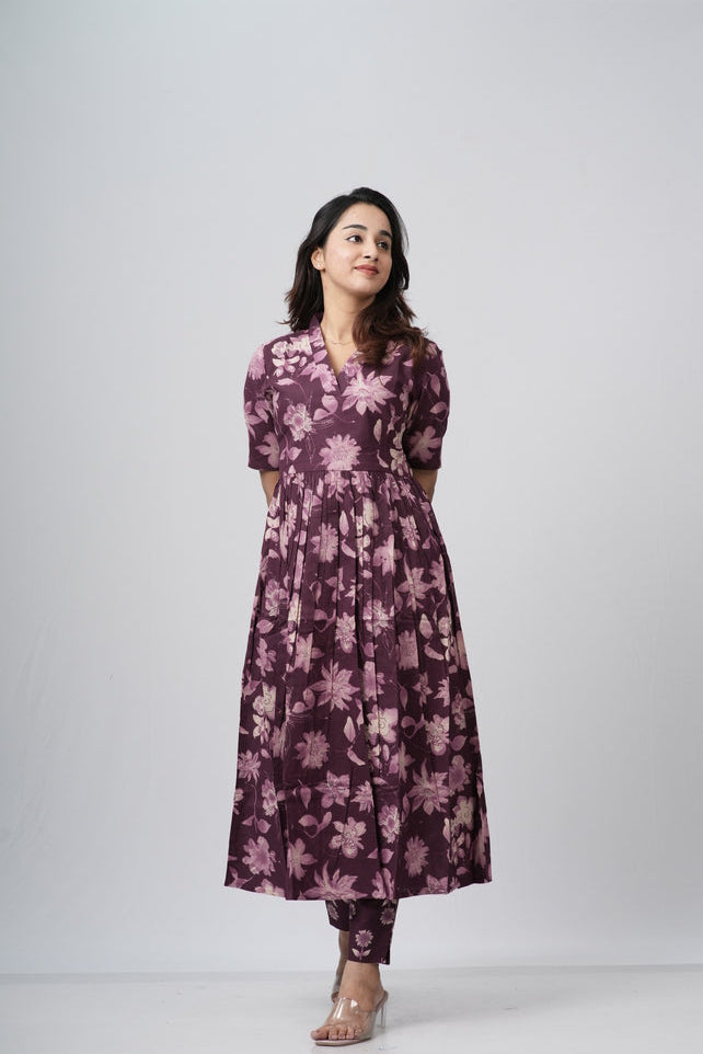 Mauve Violet Floral Print Cotton Co-ord Set