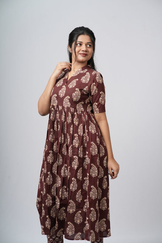 Chocolate Brown Floral Buti Cotton Co-ord Set