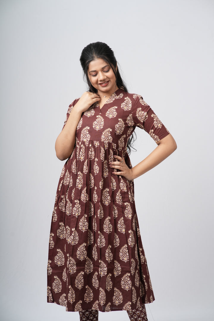 Chocolate Brown Floral Buti Cotton Co-ord Set