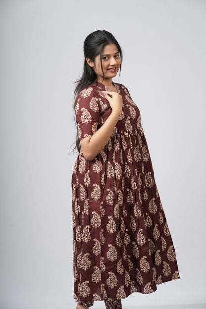 Chocolate Brown Floral Buti Cotton Co-ord Set