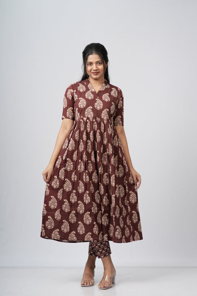 Chocolate Brown Floral Buti Cotton Co-ord Set