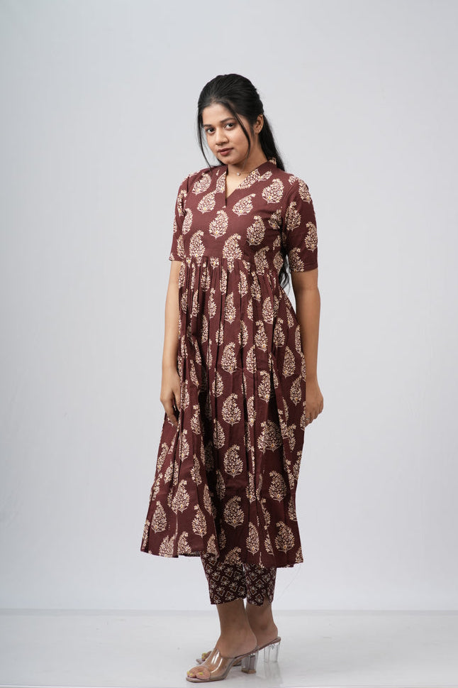 Chocolate Brown Floral Buti Cotton Co-ord Set