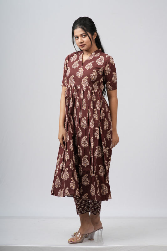 Chocolate Brown Floral Buti Cotton Co-ord Set