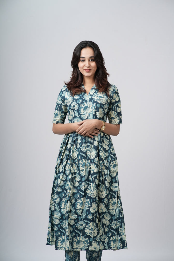 Teal green & White Floral Jaal Cotton Co-ord Set