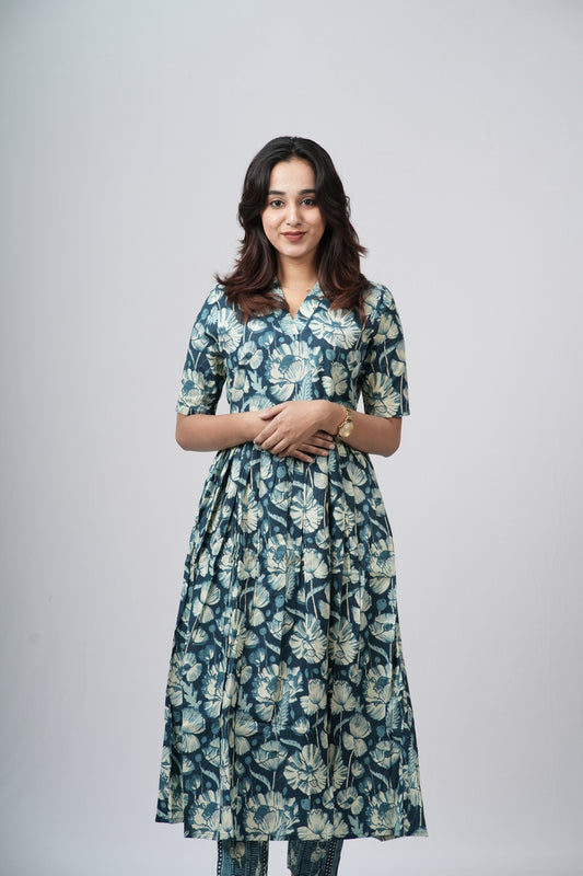 Teal green & White Floral Jaal Cotton Co-ord Set
