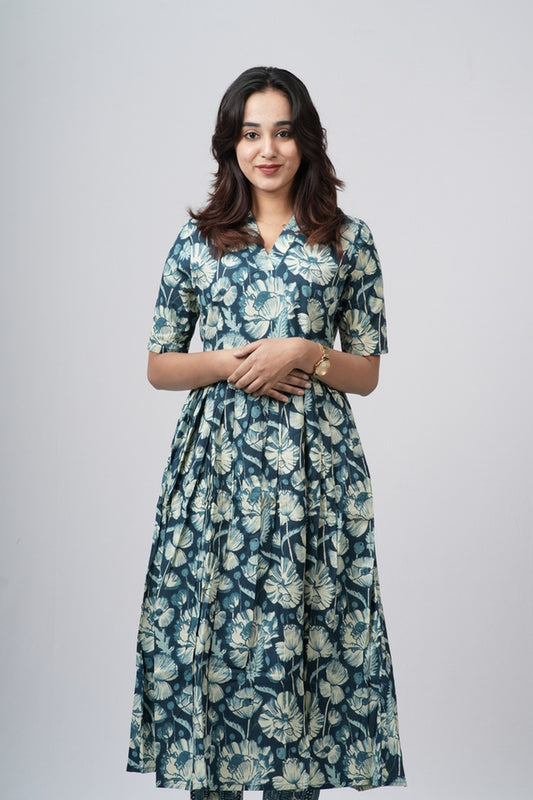 Teal green & White Floral Jaal Cotton Co-ord Set