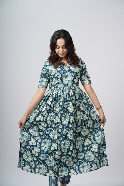 Teal green & White Floral Jaal Cotton Co-ord Set