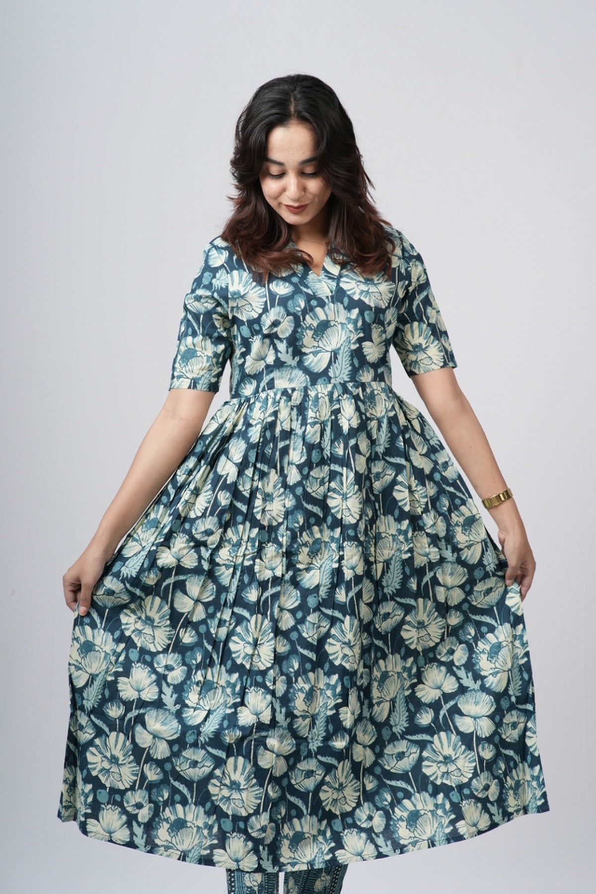Teal green & White Floral Jaal Cotton Co-ord Set