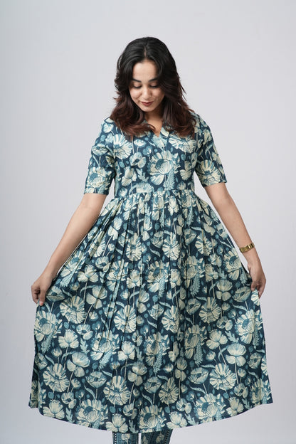 Teal green & White Floral Jaal Cotton Co-ord Set