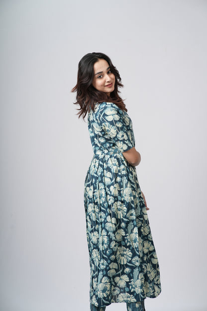 Teal green & White Floral Jaal Cotton Co-ord Set