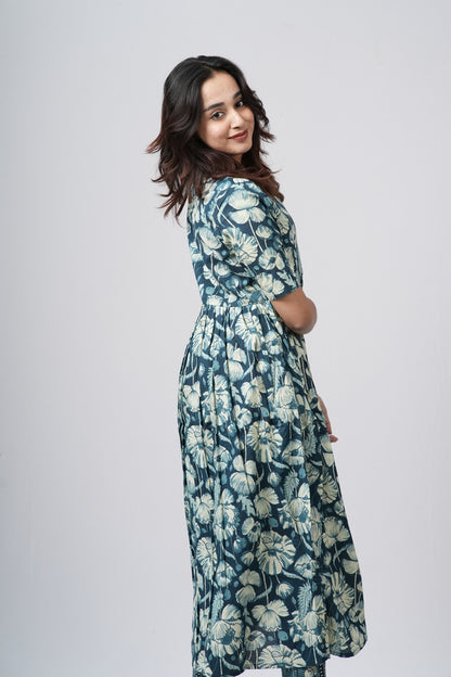 Teal green & White Floral Jaal Cotton Co-ord Set