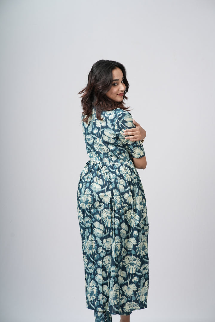 Teal green & White Floral Jaal Cotton Co-ord Set
