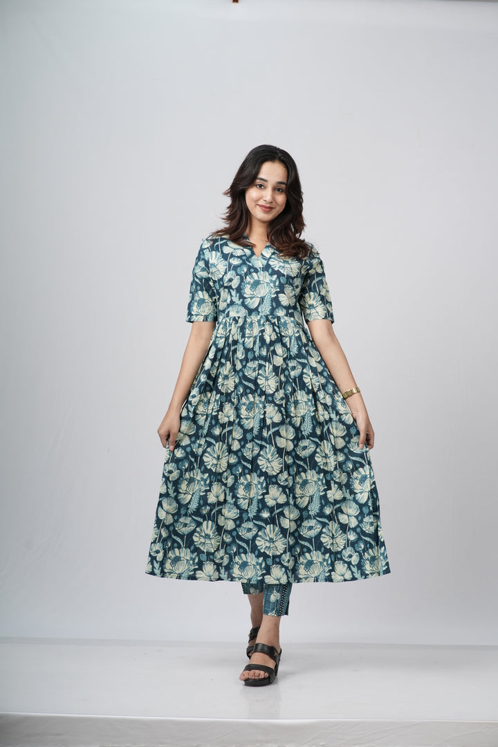 Teal green & White Floral Jaal Cotton Co-ord Set