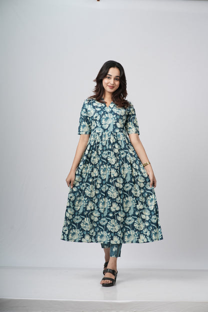 Teal green & White Floral Jaal Cotton Co-ord Set
