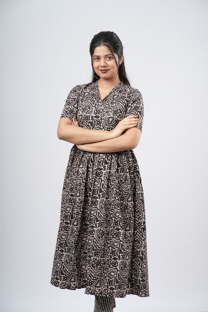 Charcoal Black Geometric Floral Print Cotton Co-ord Set