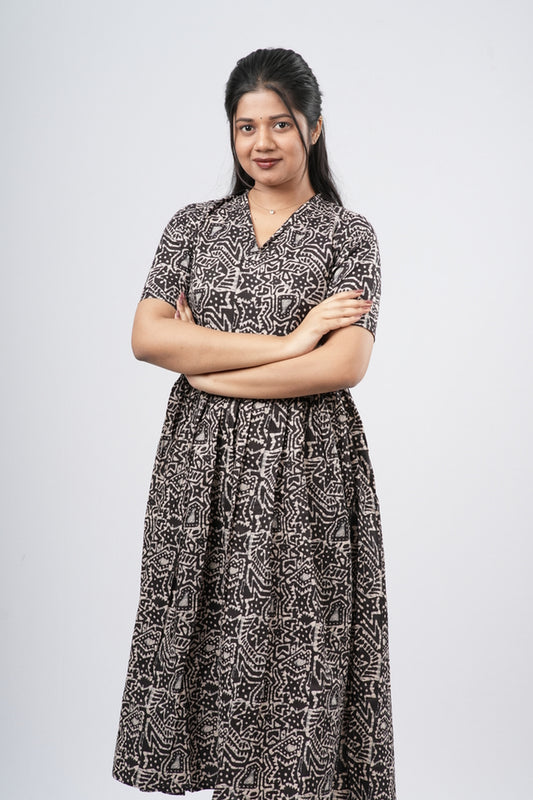 Charcoal Black Geometric Floral Print Cotton Co-ord Set