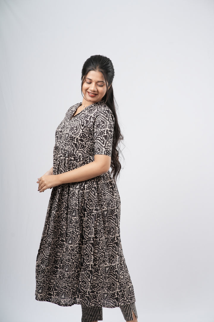 Charcoal Black Geometric Floral Print Cotton Co-ord Set
