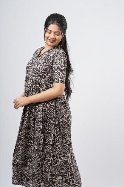 Charcoal Black Geometric Floral Print Cotton Co-ord Set