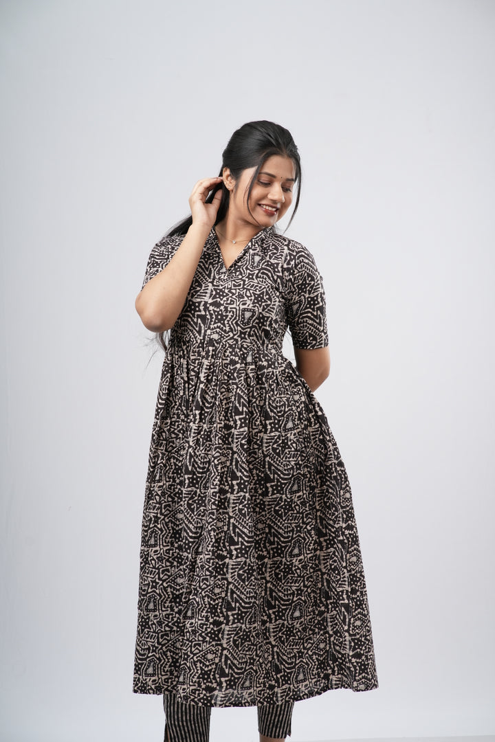 Charcoal Black Geometric Floral Print Cotton Co-ord Set