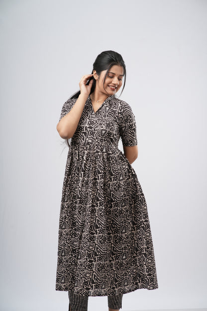 Charcoal Black Geometric Floral Print Cotton Co-ord Set