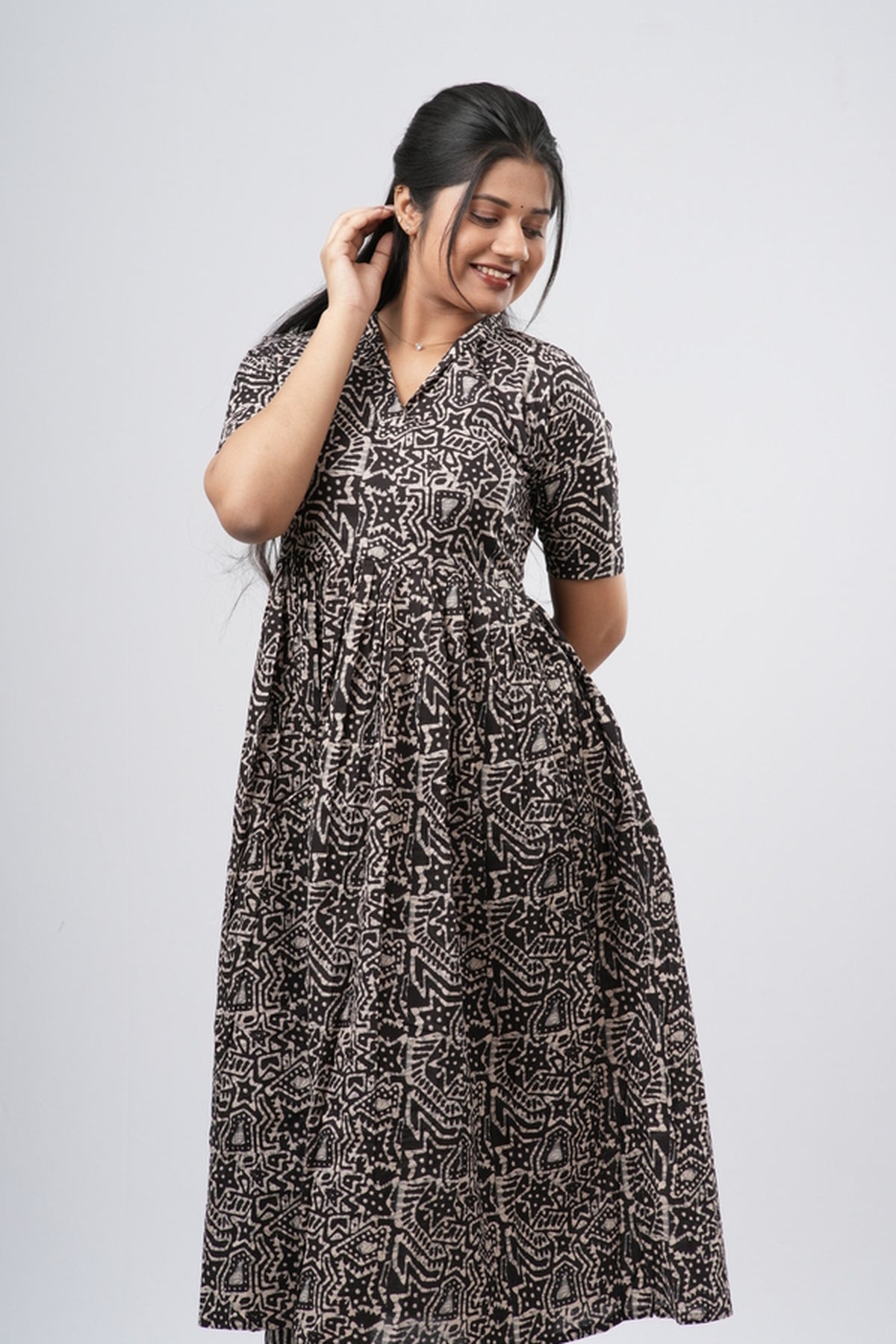 Charcoal Black Geometric Floral Print Cotton Co-ord Set