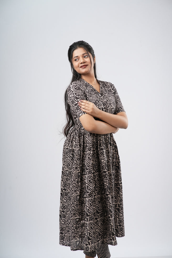 Charcoal Black Geometric Floral Print Cotton Co-ord Set