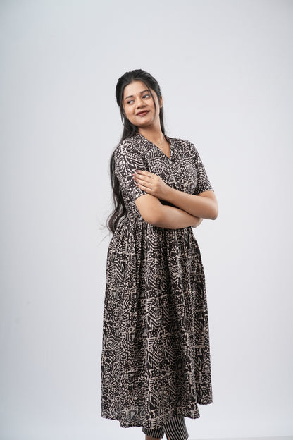 Charcoal Black Geometric Floral Print Cotton Co-ord Set