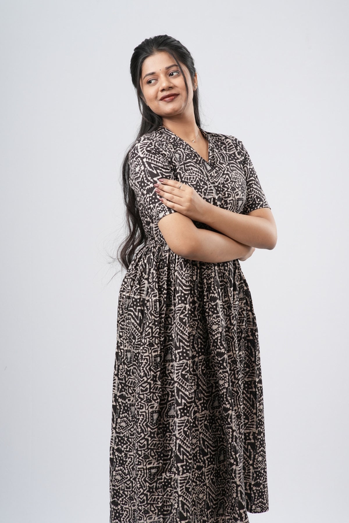 Charcoal Black Geometric Floral Print Cotton Co-ord Set