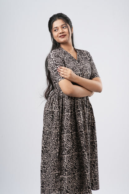 Charcoal Black Geometric Floral Print Cotton Co-ord Set