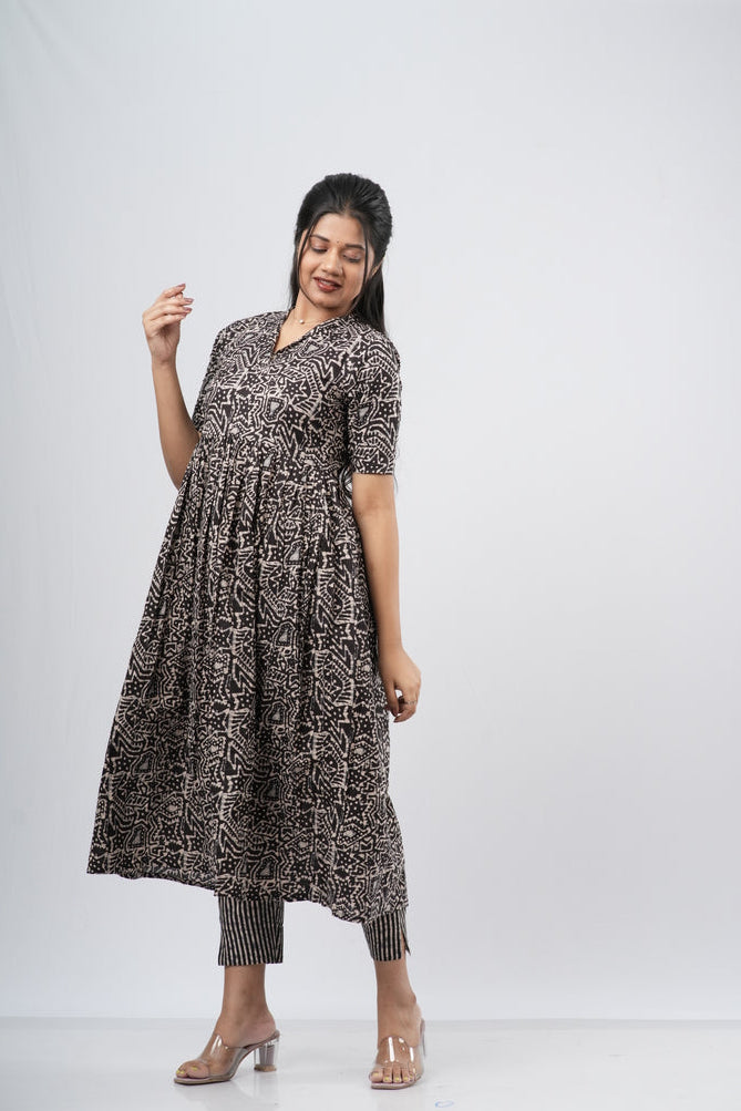 Charcoal Black Geometric Floral Print Cotton Co-ord Set