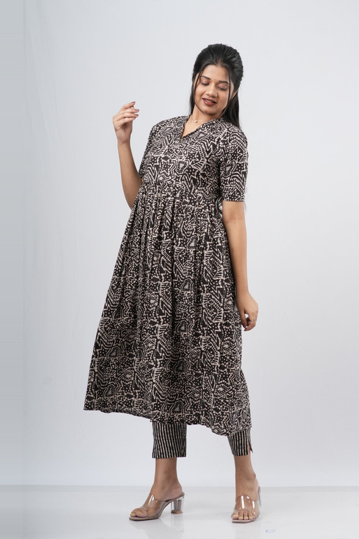 Charcoal Black Geometric Floral Print Cotton Co-ord Set