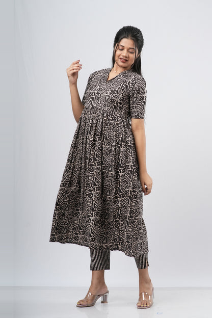 Charcoal Black Geometric Floral Print Cotton Co-ord Set