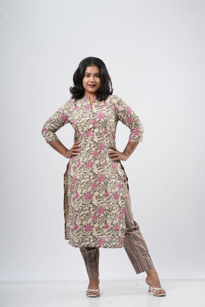 Cream & Pink Floral Cotton Co-ord Set