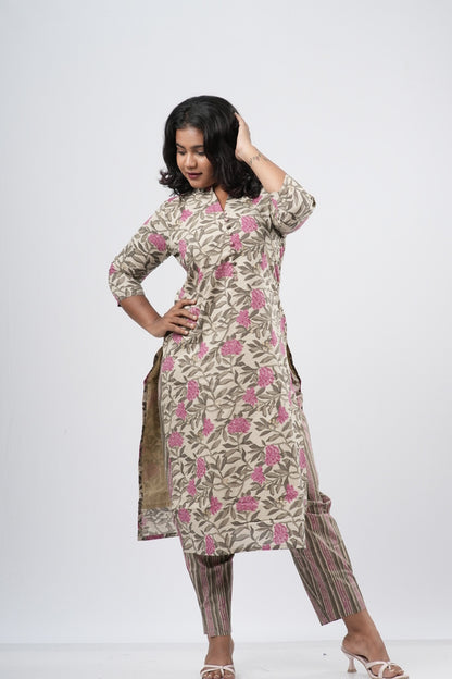 Cream & Pink Floral Cotton Co-ord Set
